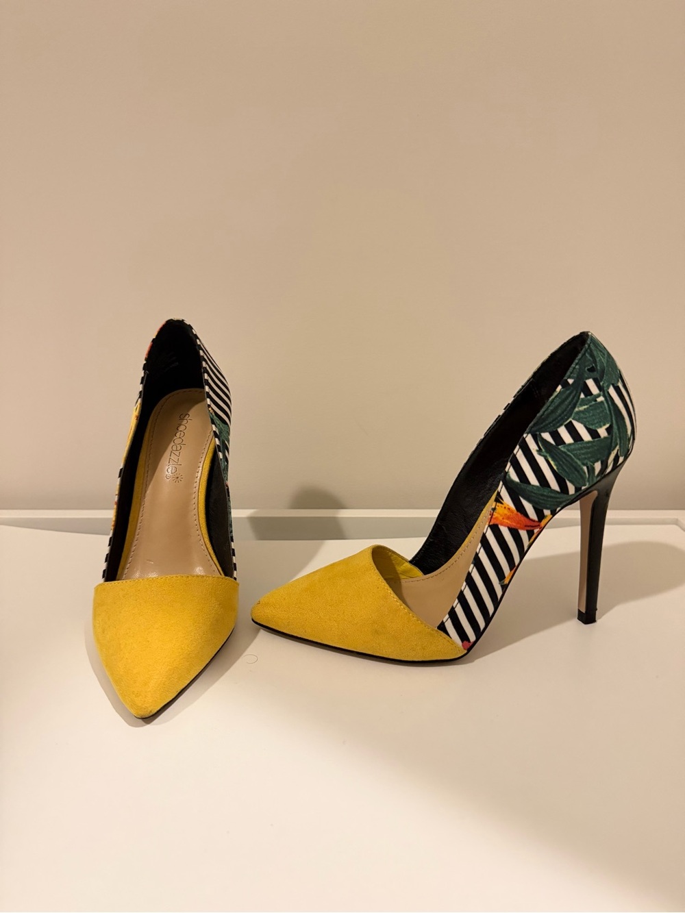 Yellow Pointed Toe High Heels with Tropical Print